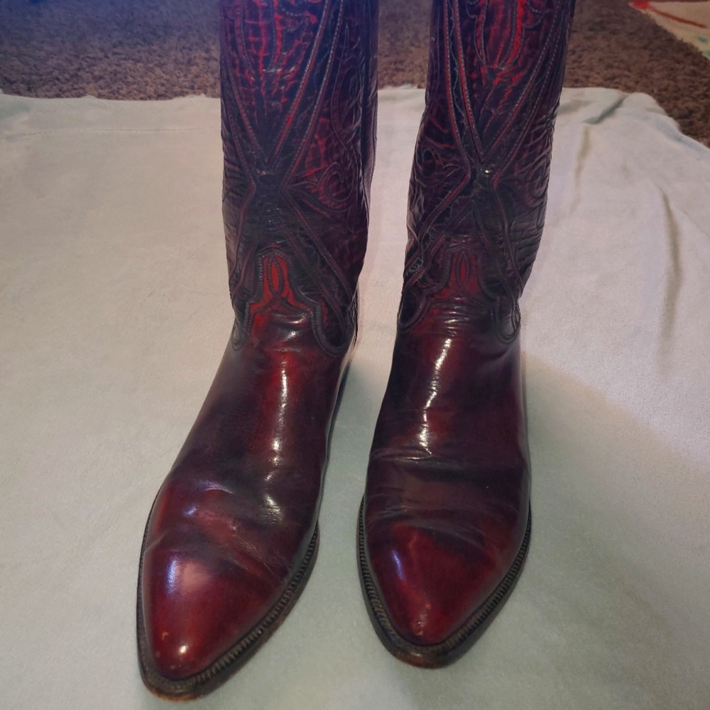 Lucchese San Antonio Vintage Handmade Leather Men's Cowboy Boots Burgundy 7 B